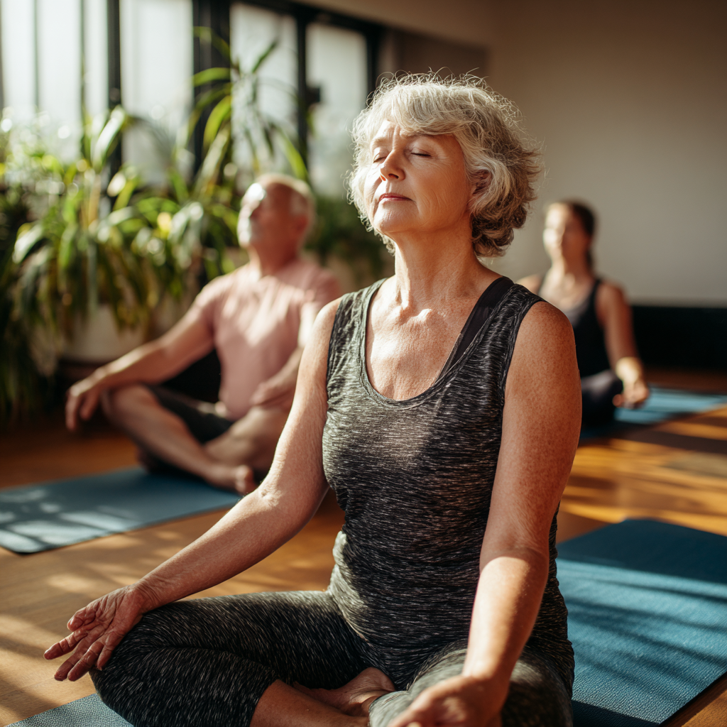 Middle-aged adults practicing gentle yoga poses on mats in natural lighting