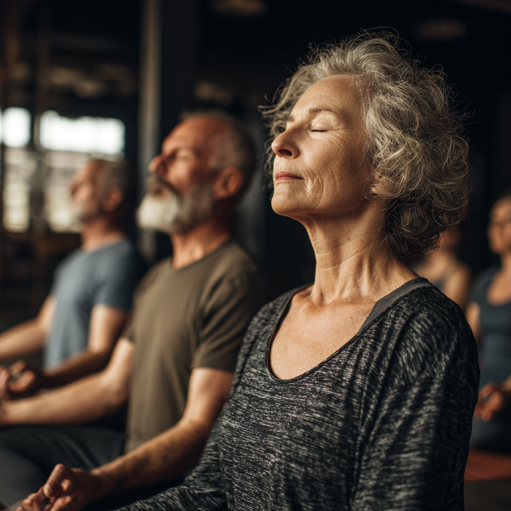 Older adults sitting in meditation poses with closed eyes in peaceful indoor setting